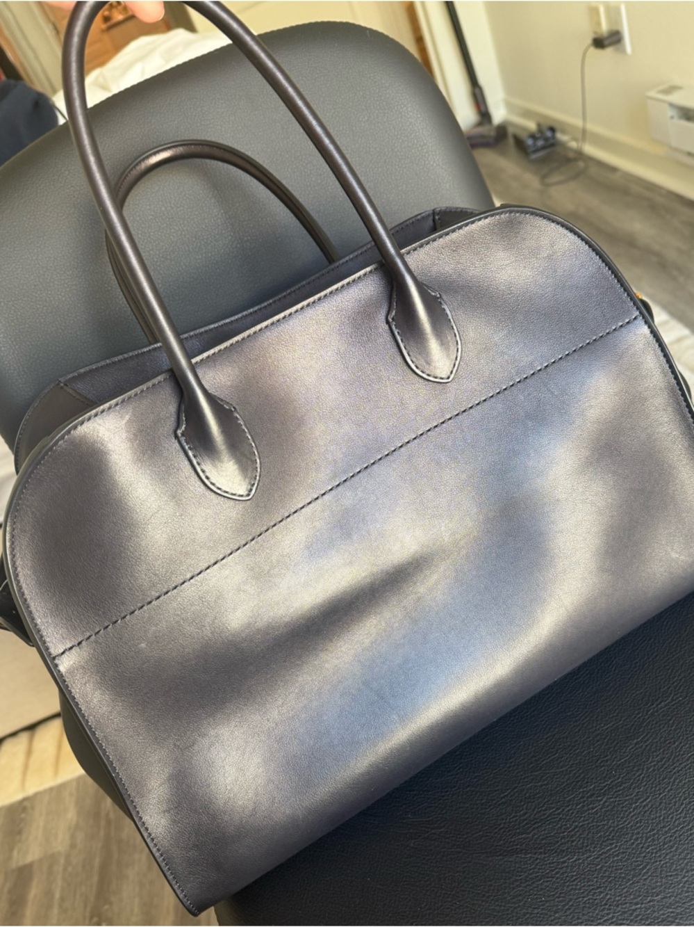The Row Soft Margaux 15 Bag in black leather